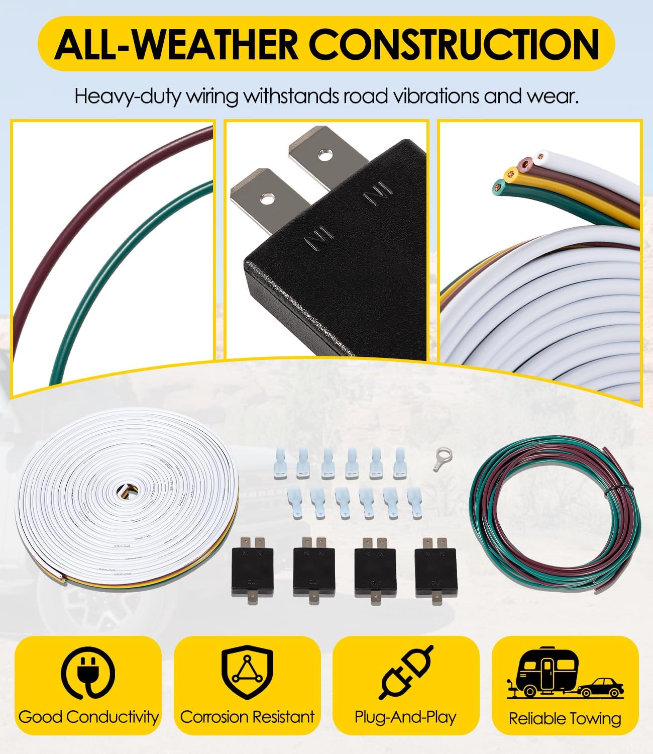 BX8848 Tail Light Wiring Kit | RV Towing Taillight Wiring Kit w/ 4 Diode - 26' Harness | Prevents Electrical Feedback | Compatible w/Towed Vehicles (Cars, SUVs, Trailers)