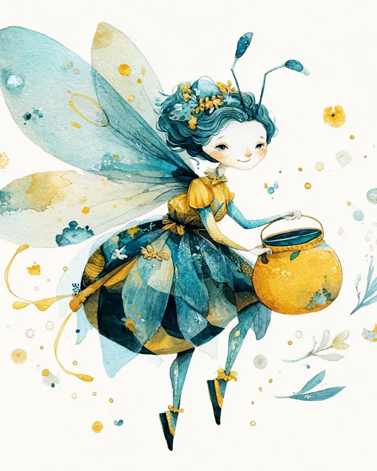 Liubaishi Teal And Yellow Paint By Numbers For Adults, Bee Fairy With Honey Pot, 40X50 Cm Acrylic Canvas Painting Kit