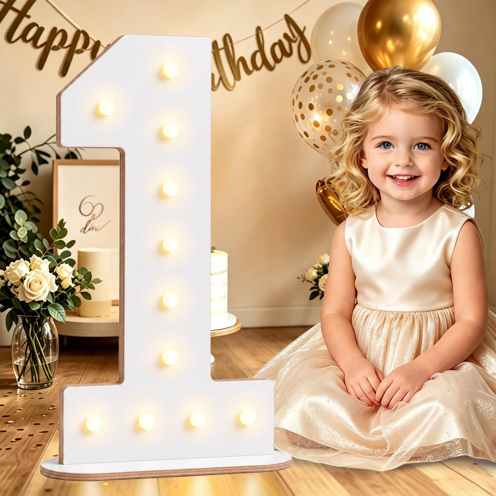 44CM White Wooden Light Up Numbers 1, 1st Birthday Decor for Boys Girls