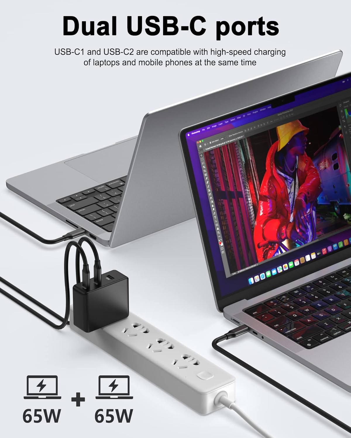 Two laptops connected to the 130W USB C Charger, illustrating dual USB-C port usage with 65W + 65W power distribution.