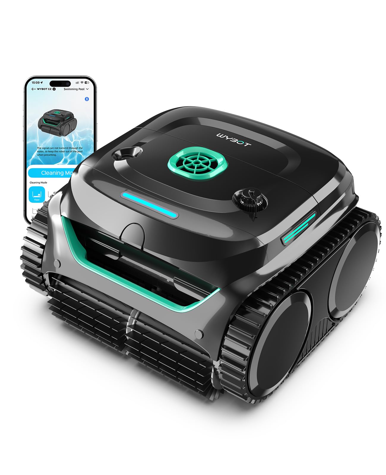 WYBOT C2 Limpiafondos Piscina Robot Inalámbrico, 3 Motores, Doble Filtración, Limpieza Paredes y Línea de Agua, Autonomía 180 Min, para Piscinas Enterradas hasta 150㎡, App(Verde Negro Oscuro-Verde)