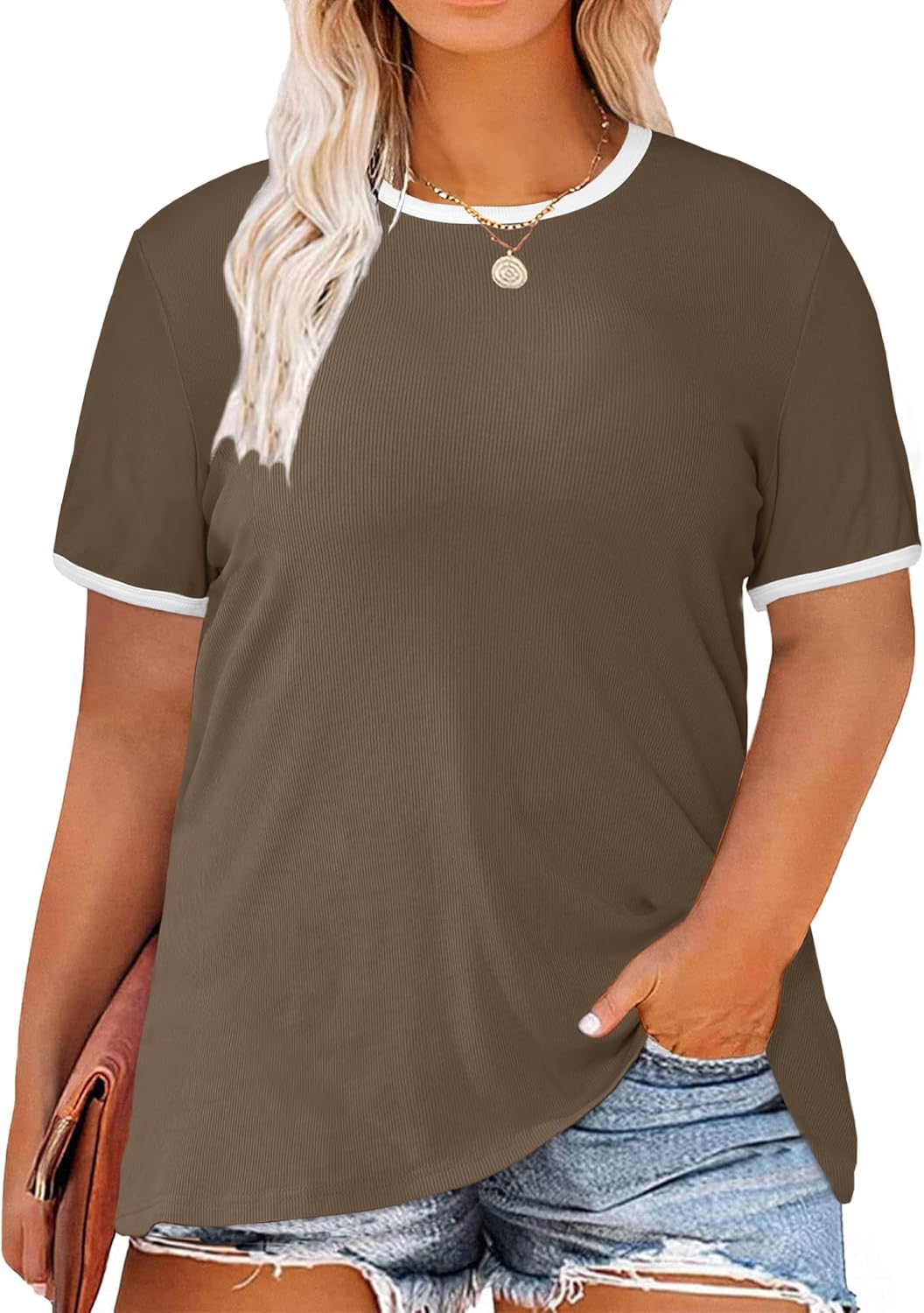 TAKEYAL Girls’s Plus Dimension Tops Quick Sleeve T Shirts Ribbed Knit Crewneck Shade Block Primary Sweater Tops XL-5XL