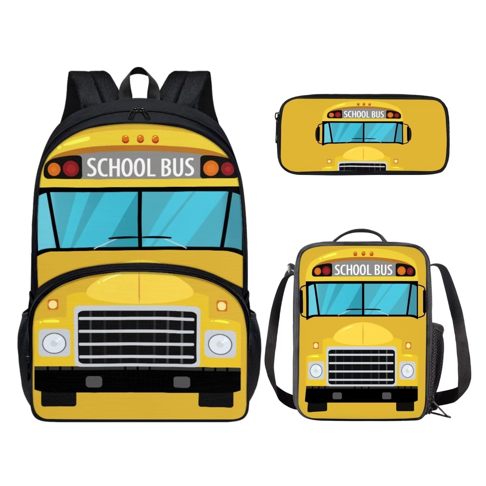 POLERO Juego de 3 bolsas escolares con impresión 3D para el almuerzo, estuche para lápices, Autobús escolar amarillo, Talla única, Mochila infantil
