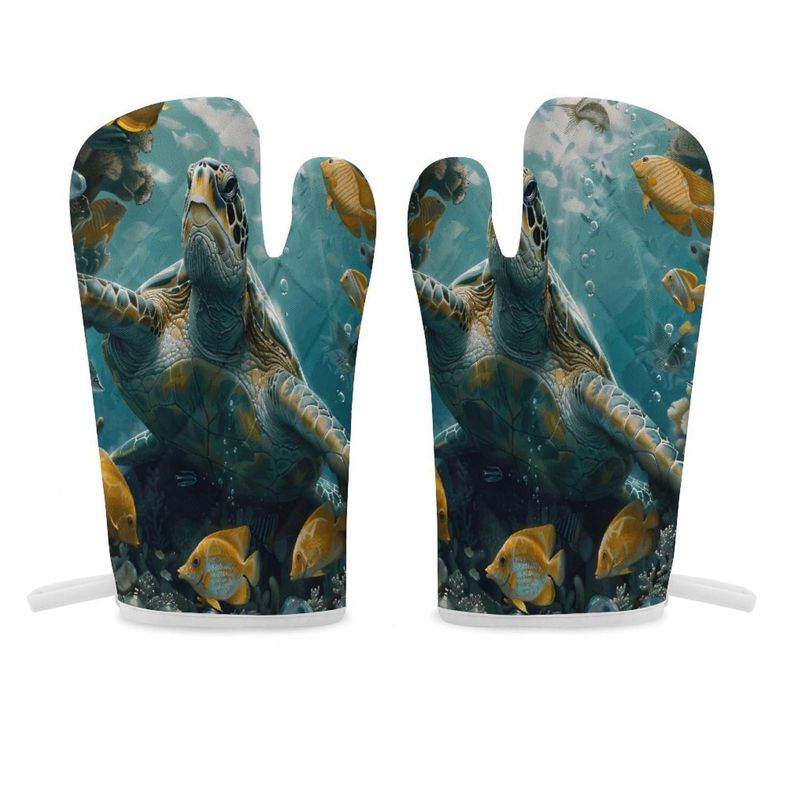 Sea Turtle with Fishes Oven Mitt Heat Resistant Potholder Set,Durable Oven Gloves for Gifts,Glove Pot Holder for Cooking Baking Grilling BBQ