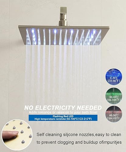 Miniatura 6 de Sistema de ducha termostático de oro cepillado, juego de grifo de ducha de 12 pulgadas montado en la pared, sistema de ducha de lluvia de cuerpo Oro