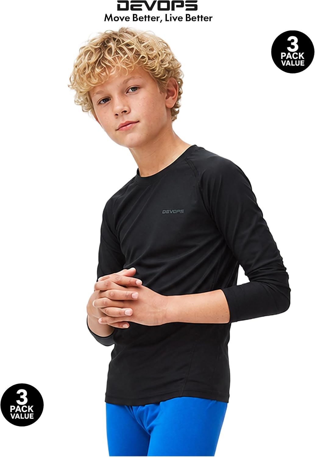 DEVOPS 3 Pack Boys Compression Athletic Baselayer Long Sleeve Shirts | UPF 50+, 4-Way Stretch Performance, Advanced Moisture Wicking, Chafing-Free Flatlock Seams