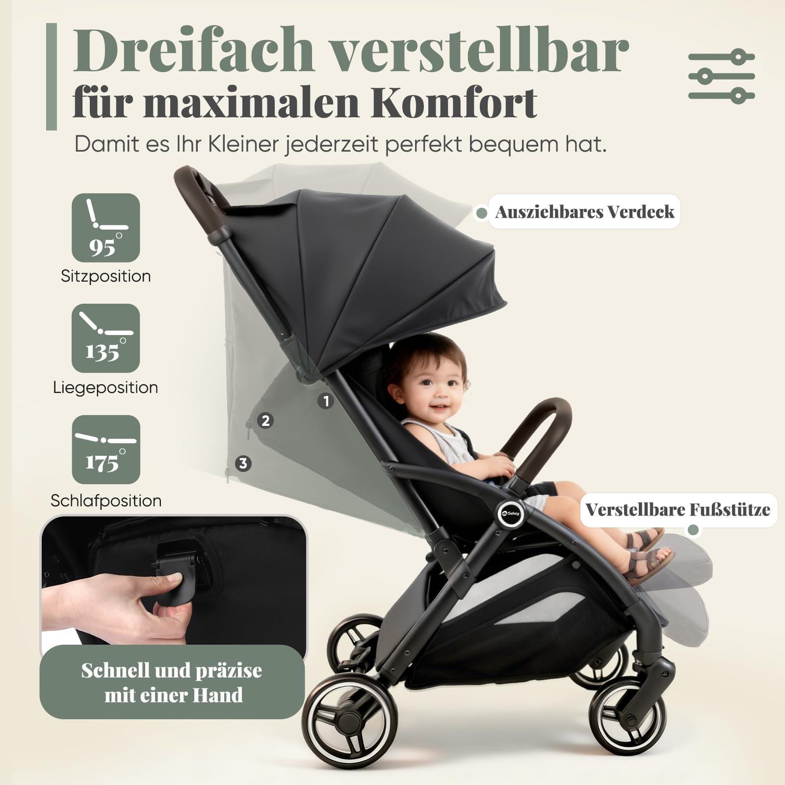 Sekey Reisebuggy Flugzeug Handgepäck mit Liegefunktion, Kinderbuggy Klappbar bis 25kg mit Regenschutz, Buggy Kinderwagen Leicht mit Reflektor, 3-fach verstellbare Rückenlehne, BW732, Schwarz