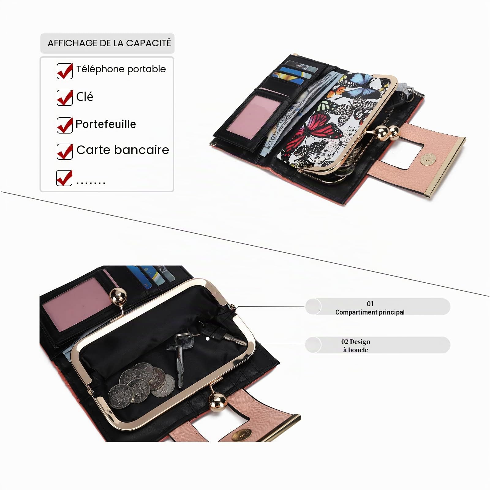 Gladdon Portefeuille Femme Élégant, 10 Emplacements Cartes avec Fenêtre Transparente, Fermoir Métallique, Poche à Pièces, Sac de Soirée, Motif Papillon sur Fond Blanc