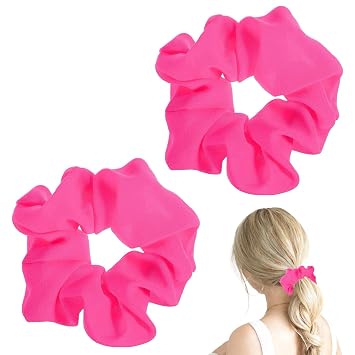 Hot Pink Scrunchie 2PCS Neon Scrunchie 80s Hair Accessories for Women Girl Solid Colors Elastic Hair Ponytail Holder for Party Outfits Workout Costumes and Ponytail Styling Pink