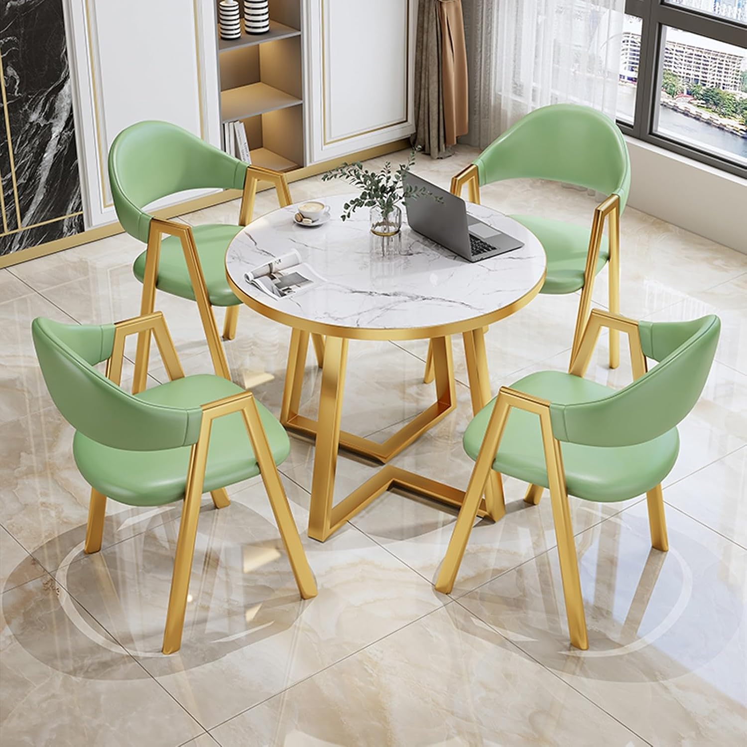 PAKMEZ Office Reception Room Club Table, Round Furniture Table and Chair Set, Retro Style PU Leather Chair Metal Legs, Reception Table and Chair Combination (Color : Army Green)
