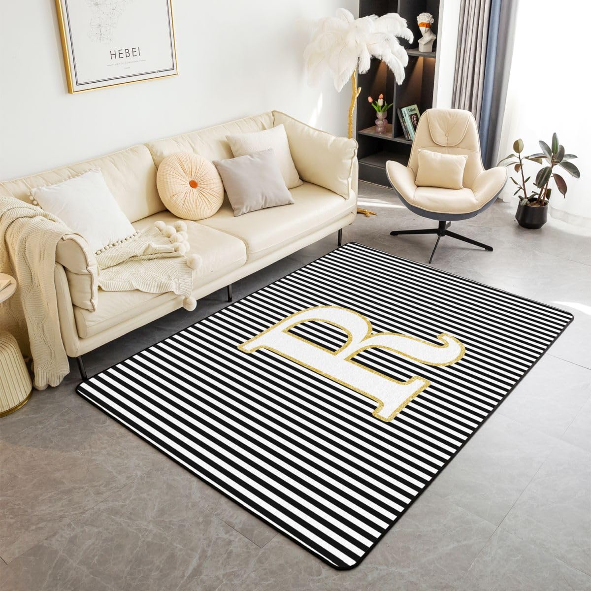 Homewish Dywaniki w paski z inicjałem R 100 x 150 cm - dla dorosłych kobiet mężczyzn dywan do salonu czarno-biały abstrakcyjny niegubi włosia dywan geometryczny stylowy monogram duże dywany nowoczesne