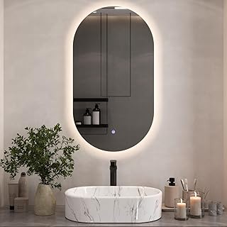 Planetmöbel Spiegel mit Beleuchtung 50 x 90 cm, Spiegel ohne Rahmen, 2 Lichtstufen (4000-4200k), mit Touchschalter, moderner Wandspiegel für Badezimmer, Flur oder Garderobe, oval
