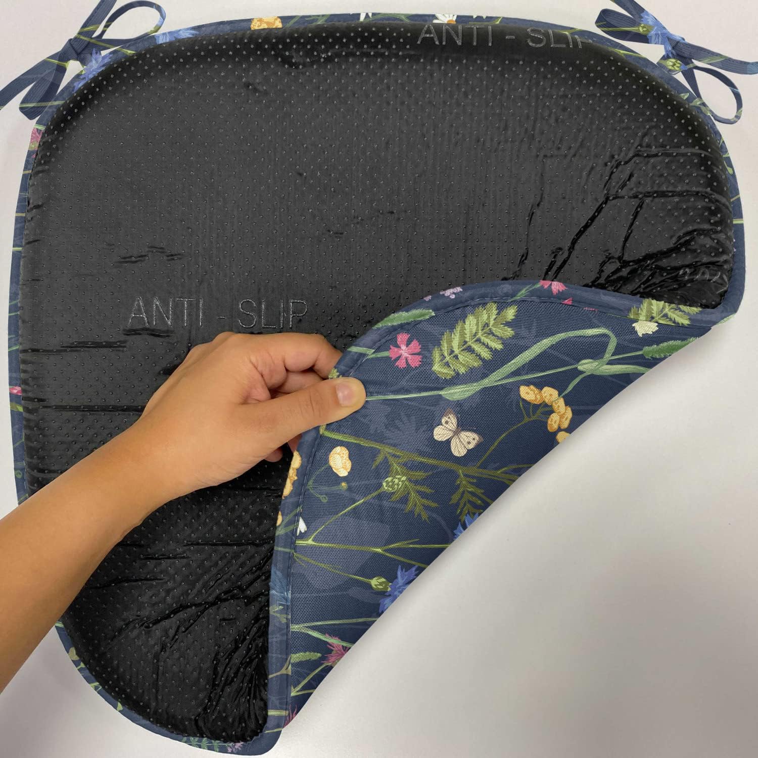 Lunarable Paint Chair Seating Cushion Set of 6, Botanical Beauty Floral Garden Daisy Magnolia Peony Lily Bloom Butterfly, Anti-Slip Seat Padding for Kitchen & Patio, 16"x16", Night Blue Reseda Green