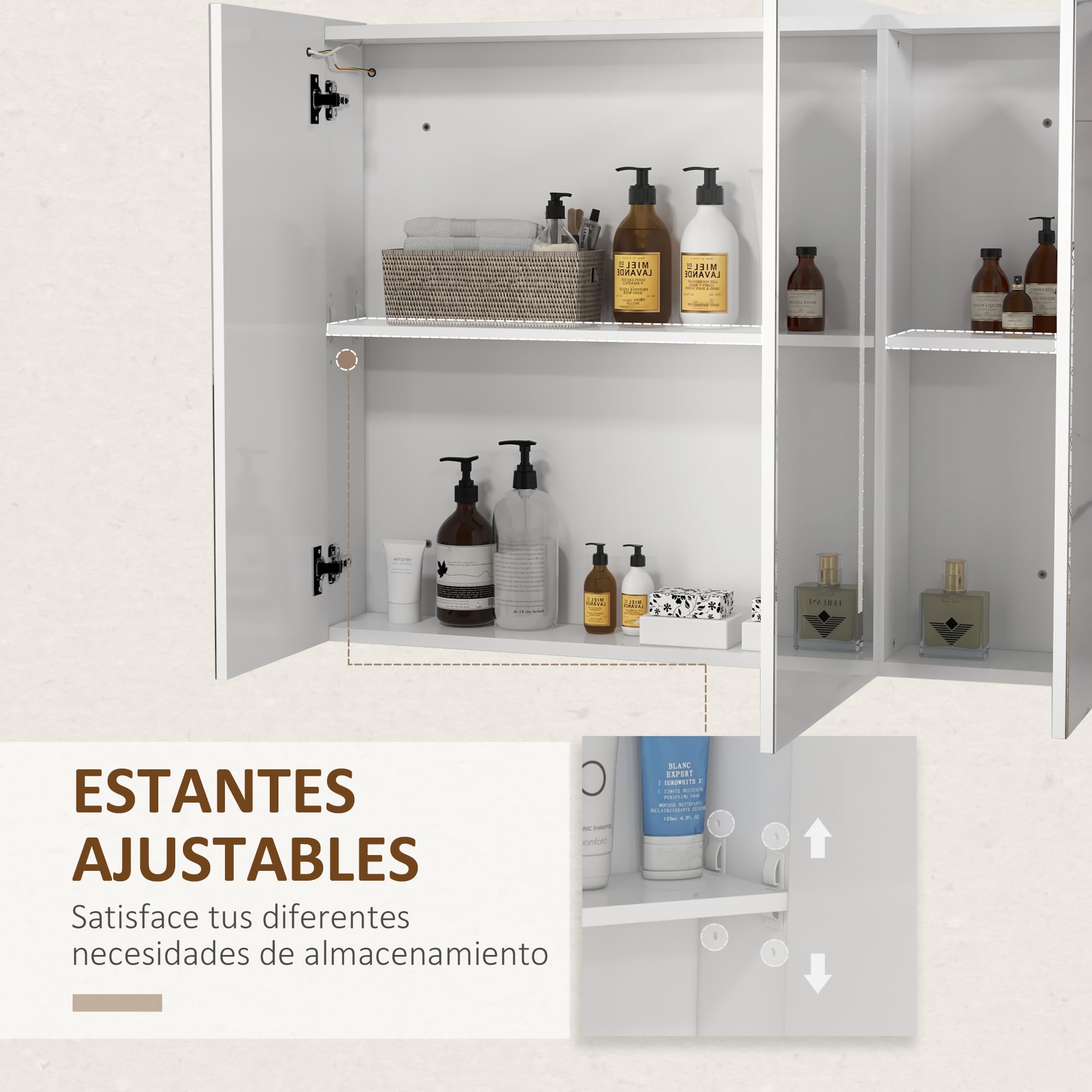kleankin Armario con Espejo de Baño LED 90x15x70 cm Blanco Brillante | Mueble de Pared Colgante, 3 Puertas, Estantes Ajustables, Interruptor Táctil y USB