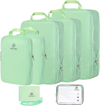 PFEYRPK Lightweight Compression Packing Cubes for Suitcase, Compressible Expandable Travel Packing Organizer with Clear Toiletry and Backpack Bag for Carry-On Luggage Travel Essentials 7 Set, Green, 7