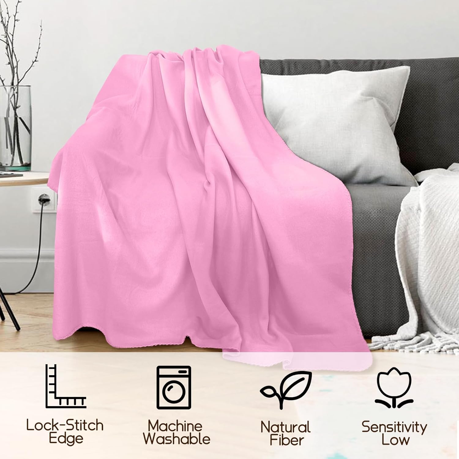 24 Pcs Fleece Blankets Bulk 60 x 50 in, Soft Lightweight Throw Blankets in Bulk Large Cozy Wool Blankets for Wedding Bed Couch Use Gifts & Donation, Oeko-tex Standard 100 Certified (Pink)