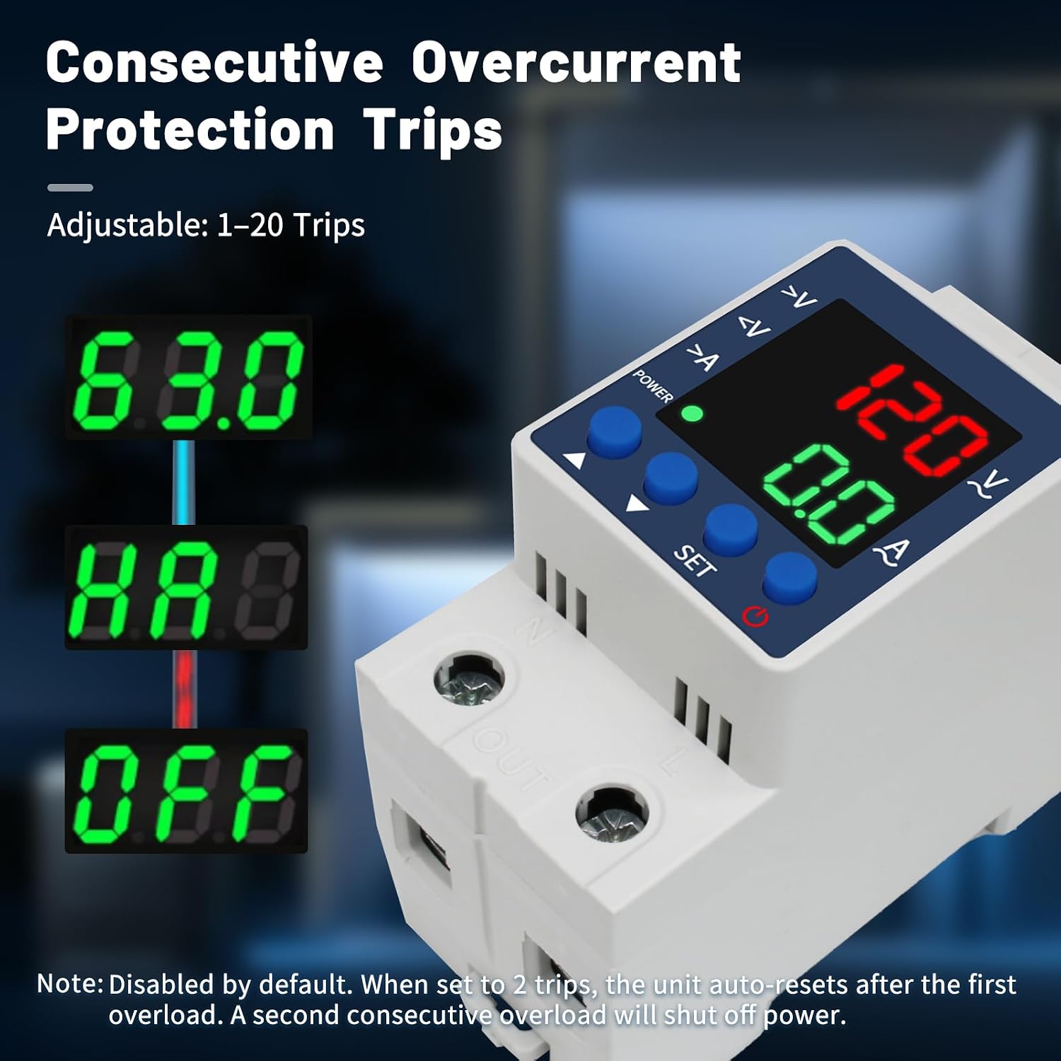 Voltage Protector 110V 220V,1-63A Adjustable,Smart Circuit Breaker,Over Under Voltage Protection Relay with Over Current Protection,Auto Reconnect, LED Display, DIN Rail Mount for RV, Generator 120v