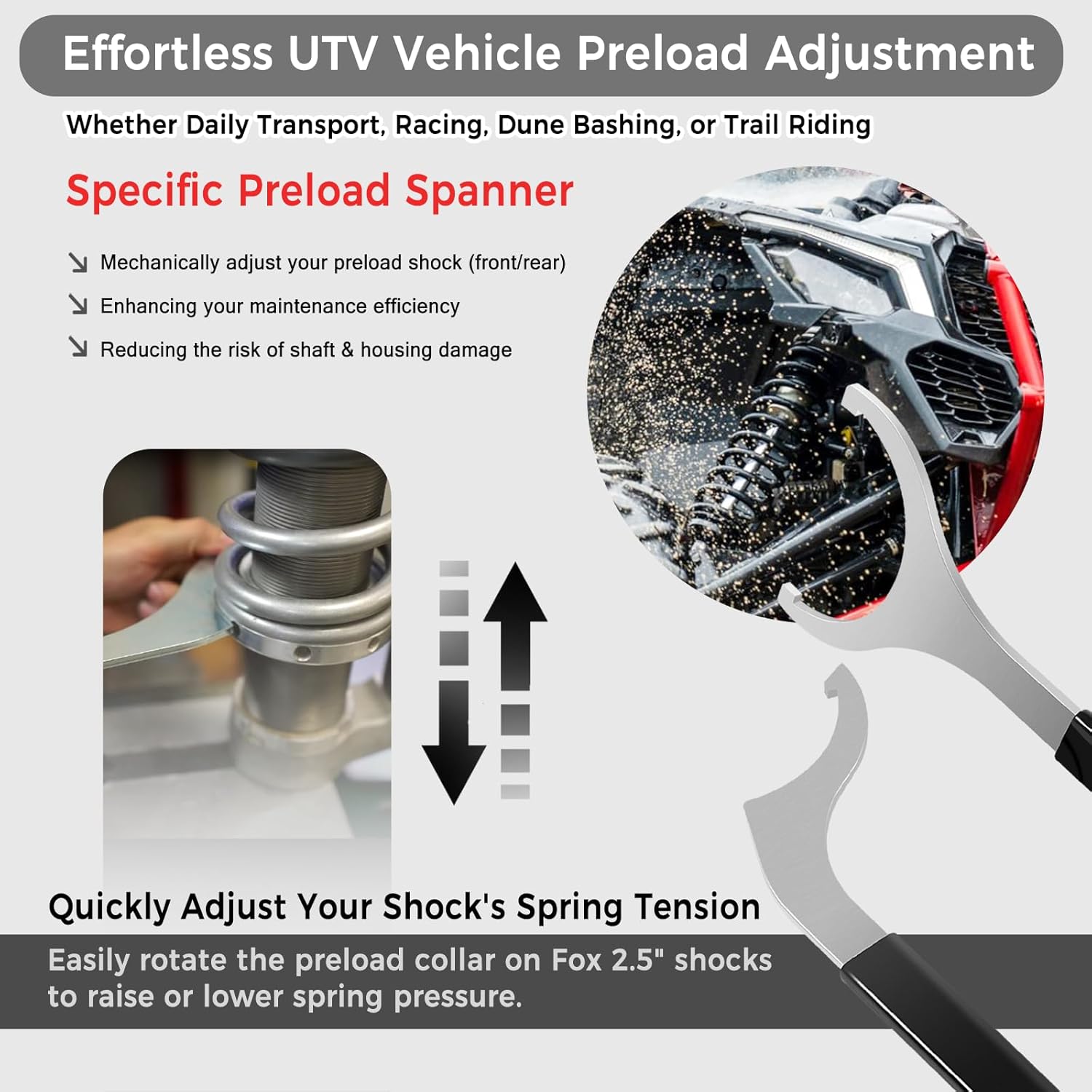 2.5" Spring Preload Spanner Wrench Kit fit for Arctic Cat, Can Am Maverick, Polaris RZR, Textron, and Yamaha YXZ Models with Preload Shock Body (for Fox 2.5 inch shock bodies)
