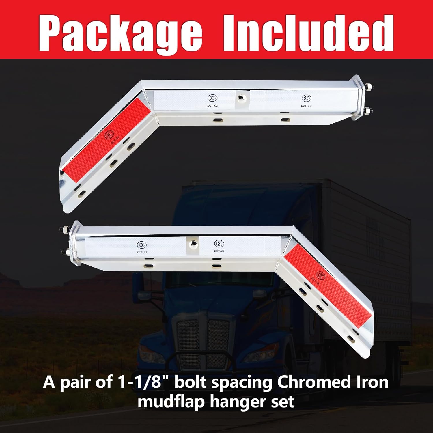 30" Angled Chrome Mud Flap Hanger Bracket with 13" Internal Spring – Heavy Duty Mudflap Support Bar for Semi Trucks, 1-1/8" Bolt Spacing With Reflective Conspicuity Tape