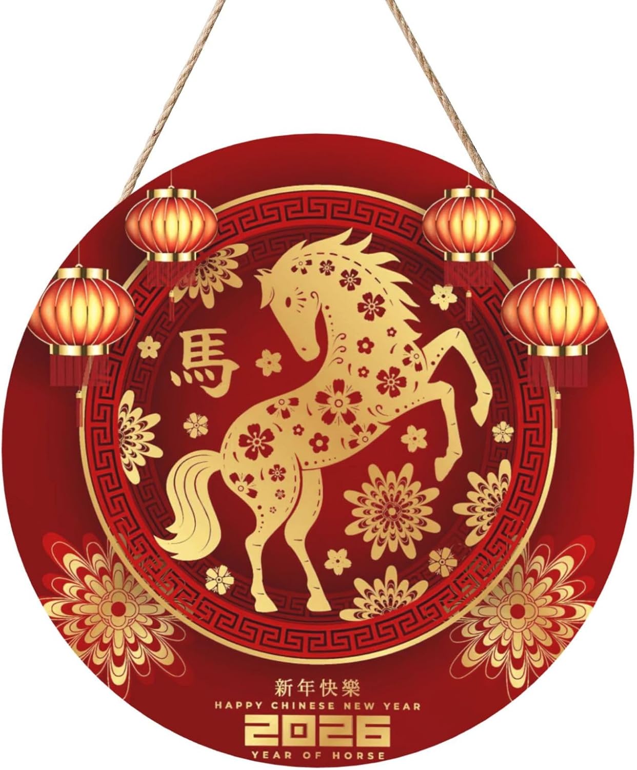 GoasNei Year Of The Horse 2026 Happy Chinese New Year Wall Decorative Wood Hanging Wood Plaque, Door Sign for Outdoor Indoor