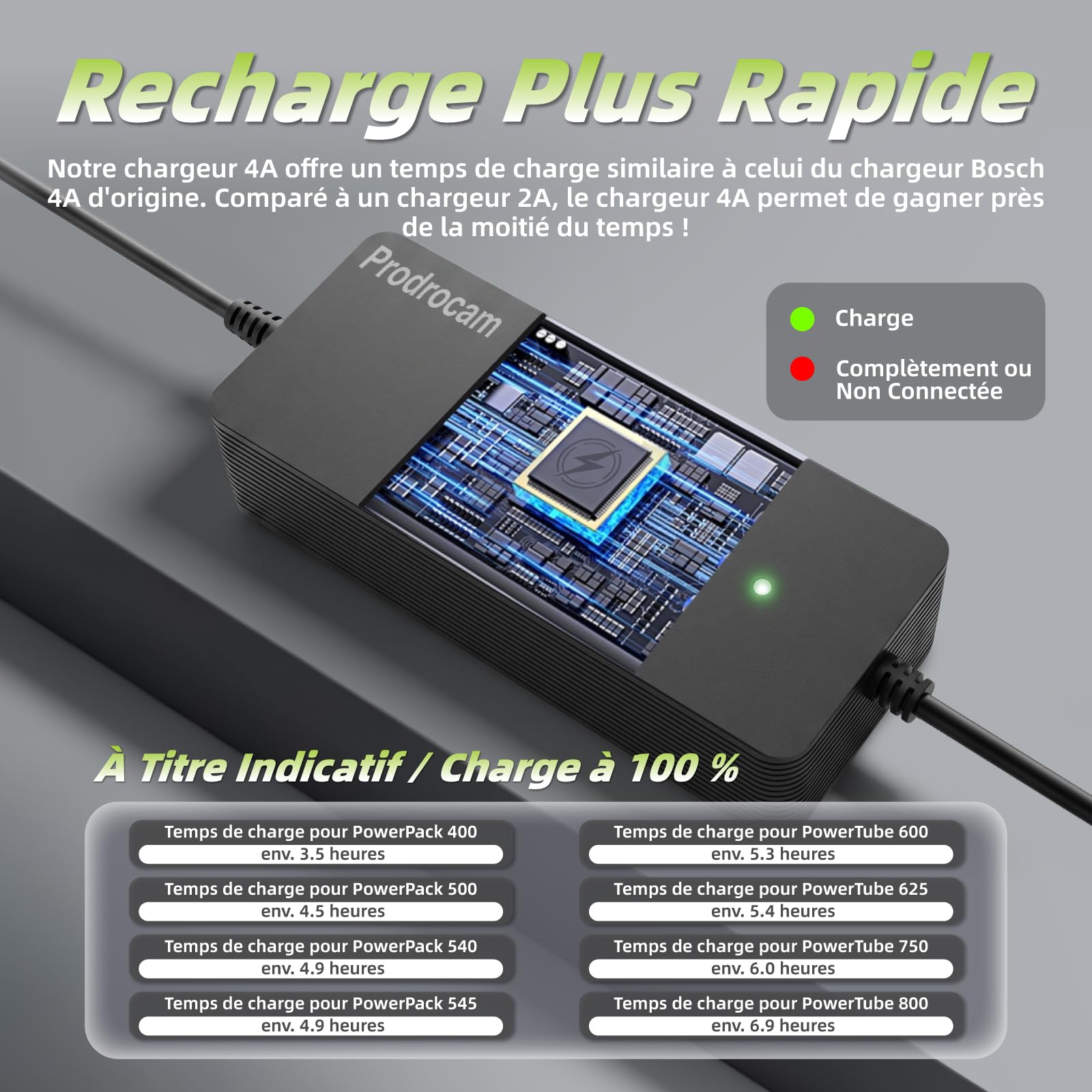 Chargeur 42V 4A pour Bosch Performance/Active Line Vélos | Pour Bosch Vélos Electriques de 36V Moteurs, Pour Batteries PowerPack 400, PowerPack 500, PowerTube 625, PowerTube 750