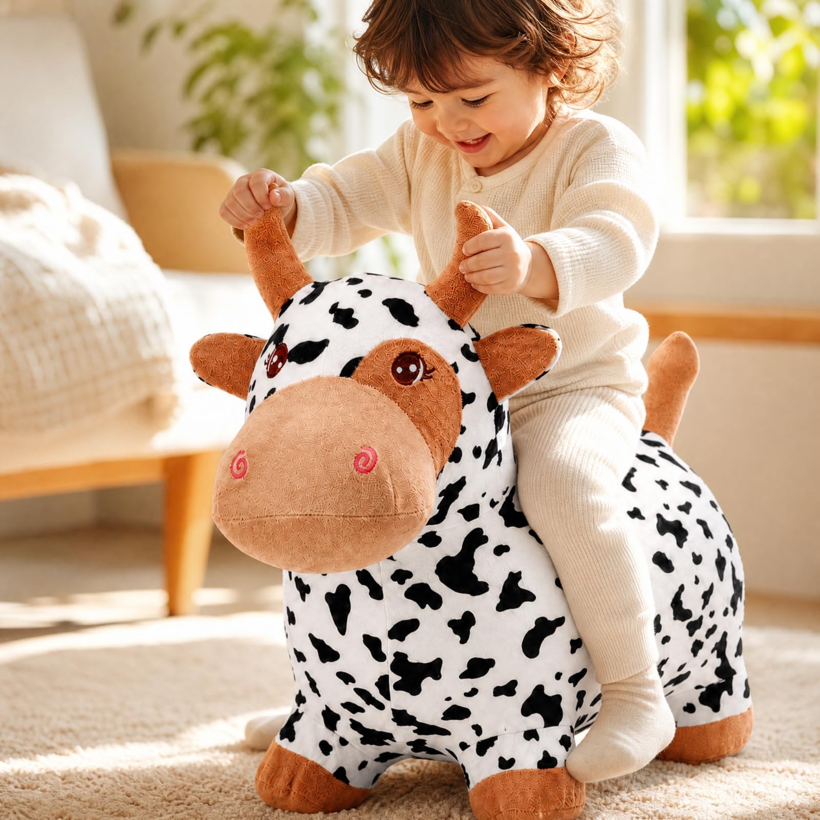 Mucca Saltente di Peluche Rinforzato Giocattolo da Cavalcare a Forma di Mucca Resistente Saltatore per Bambini