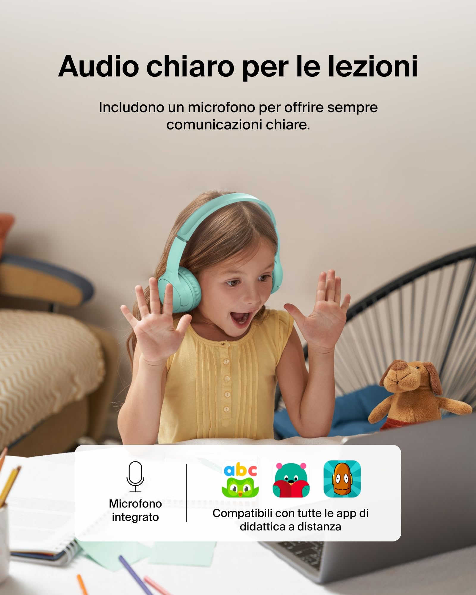 Belkin SoundForm - Mini cuffie wireless per bambini, con microfono integrato, 30 ore di riproduzione e divertenti adesivi, cuffie over-ear per apprendimento online, scuola, viaggi, iPhone, iPad,