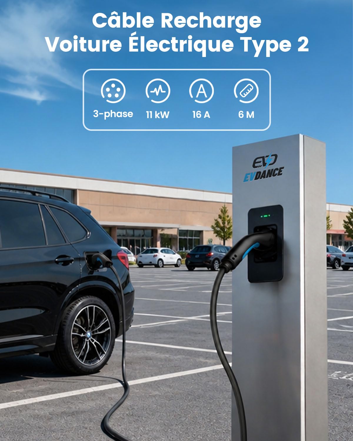 EVDANCE Câble Recharge Voiture Electrique 11kW (16A, 3-Phase, 6m) Câble Type 2 Portable Charge Rapide Chargeur Mode 3 avec Sac de Transport Compatible avec EV/PHEV IEC 62196-2