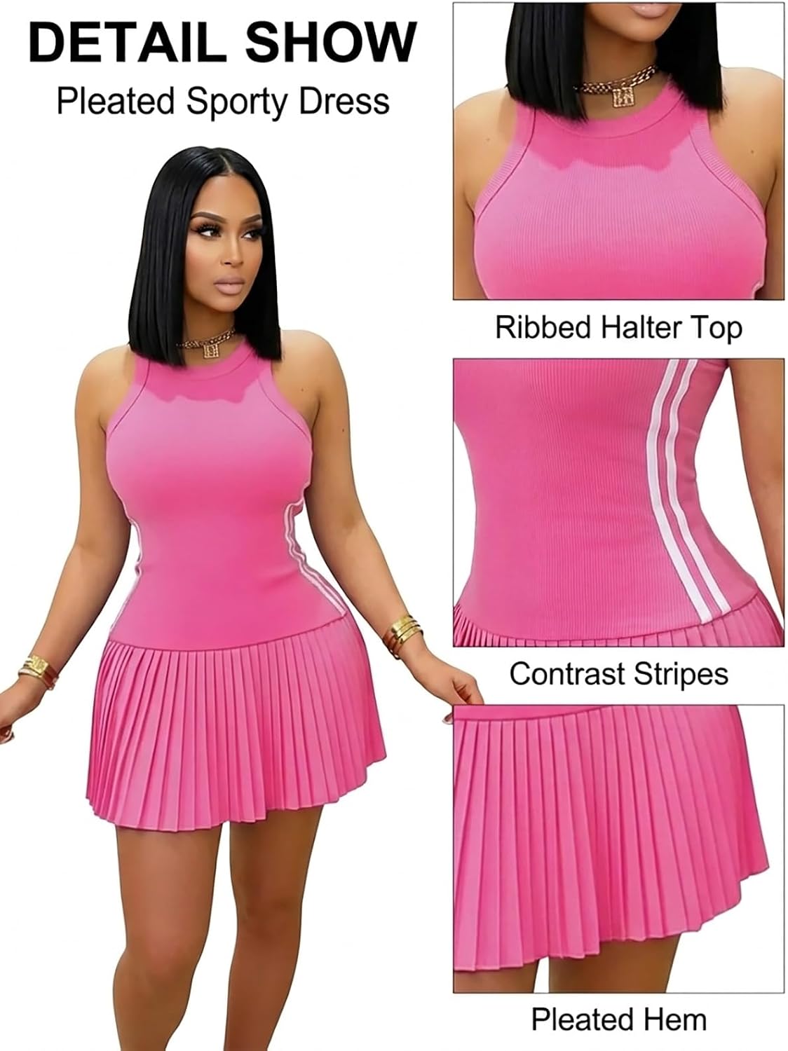 kaimimei Women Summer Striped Pleated mini Dress Casual Sleeveless Ribbed Athletic Short Dresses