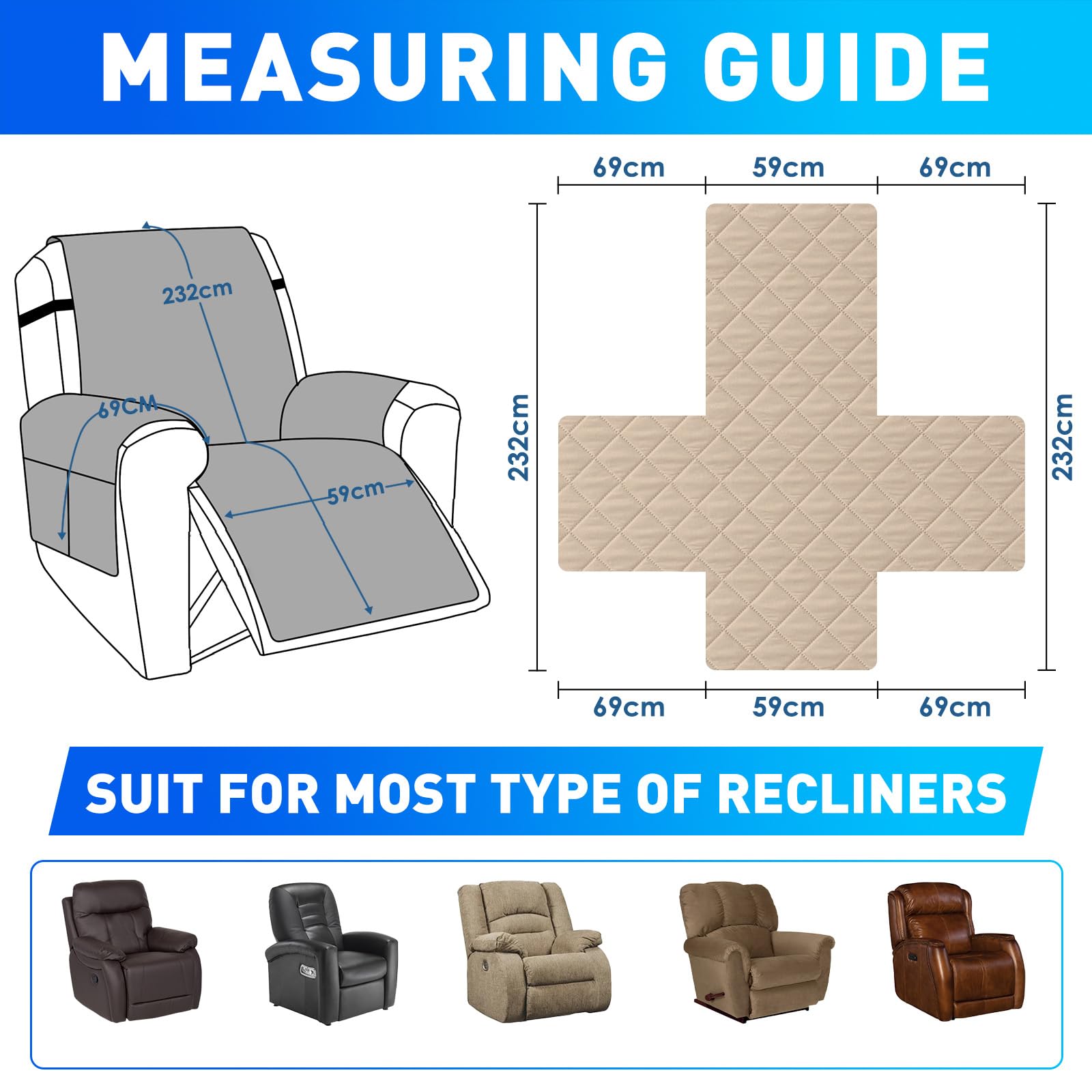 Impermeable Funda Sillon Reclinable 1 Asiento, Funda Sillon Reclinable con Bolsillos Laterales, Antideslizante, Antiarañazos, Universal, Fácil De Instalar Y Lavar, Beige