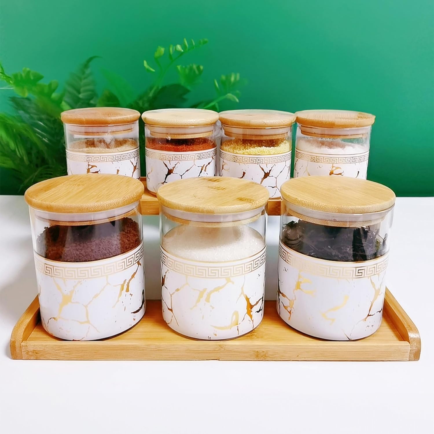 Kuber Industries Borosilicate Glass Containers with Bamboo Lid and Stand|Kitchen Organizer Items and Storage|Multipurpose Airtight Containers|7 Pieces Kitchen Containers Set (4 X 350ml, 3 X 850ml)
