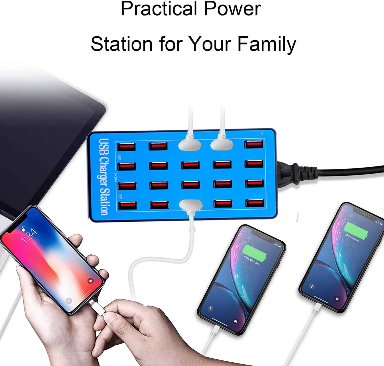 Chargeur USB 20 Ports - 100W Station de Charge Rapide pour Multiple Appareils (Smartphones, Tablettes, Montres Connectées) - Adaptateur Secteur Compact avec Technologie Intelligente