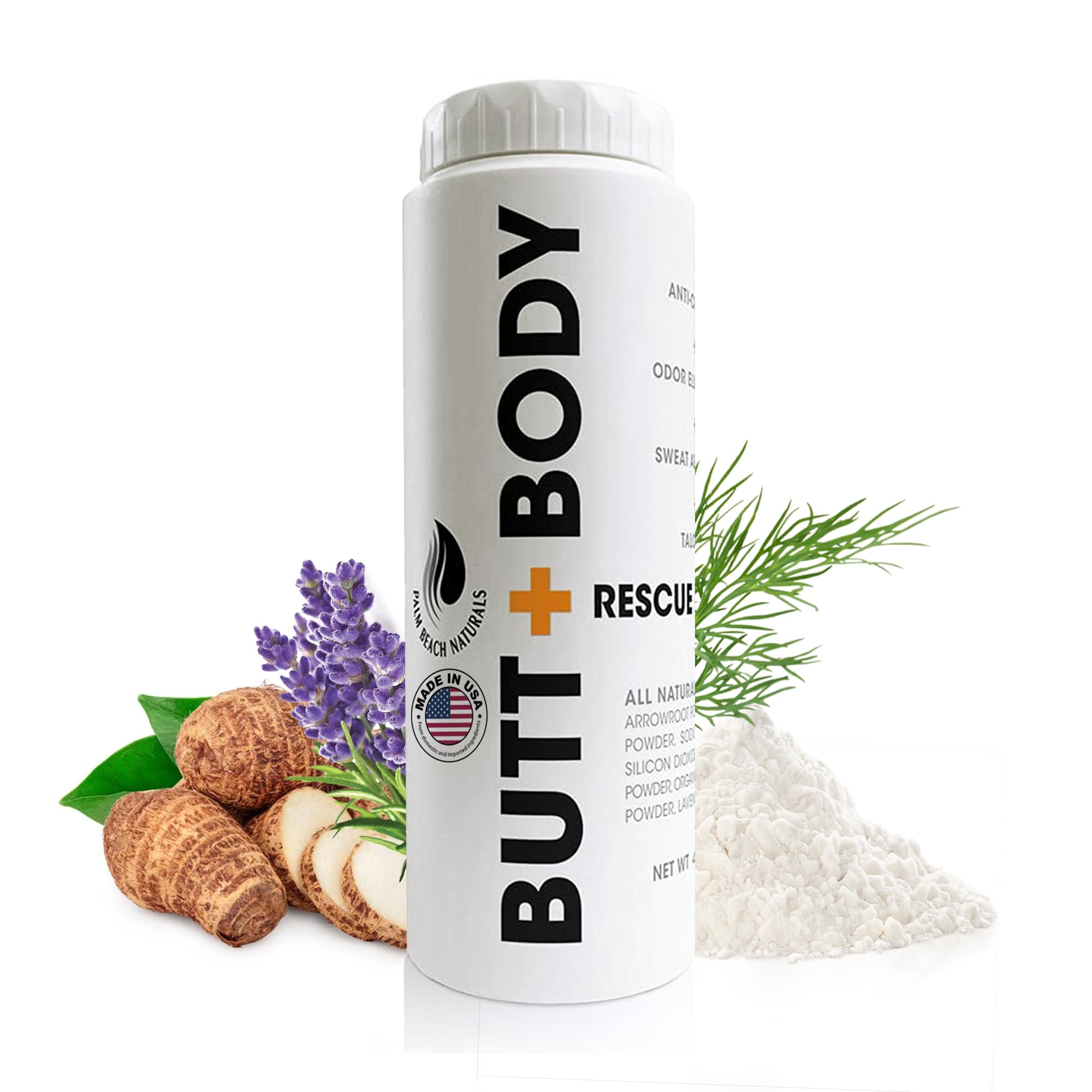 Palm Beach Naturals Butt & Body Rescue Powder. Protects Skin & Eliminates Chafing, Rubbing, Sticking & Odors. No Talc. Made in USA - Absorbs Sweat & Keeps You Cooler. (4 Ounce - 1 Pack)