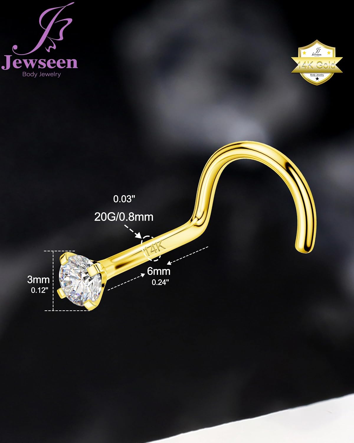 Jewseen 14K Solid Real Gold 5A Grade Flashy Zircon Nose Stud Classic Simple S Shape Nostril Screw 20G 6mm Precious Fine Piercing Jewelry