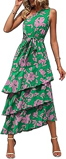 Women's Summer Floral Sundress Casual One Shoulder Tiered Ruffle Flowy Midi Beach Boho Dresses - Buy now