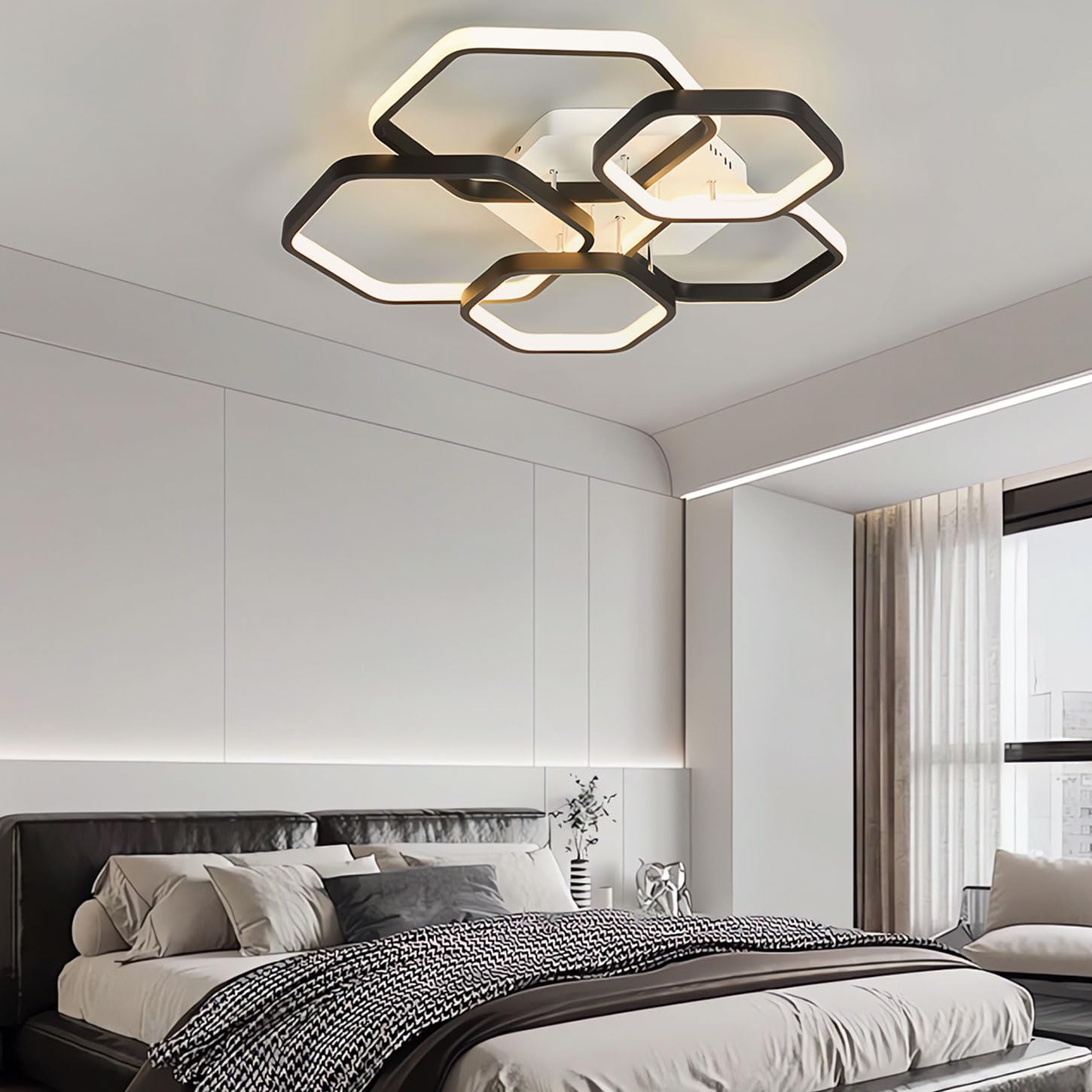 Lámpara de techo LED moderna, lámpara de techo regulable para dormitorio de 3000-6000 K con mando a distancia, lámpara de techo acrílica negra, ideal para dormitorios. (Oro)