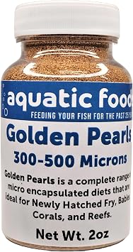 Golden Pearls 300-500 Micron Size for Fry, uveniles of Shrimp, Axolotls, Discus, Cichlids, Catfish, Tetras, Angel Fish, Guppies, Bettas, Goldfish, Corals, Reefs...2oz Bottle
