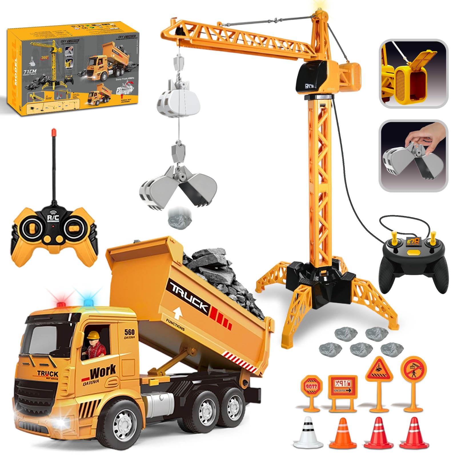 HILKKET Grúa Teledirigida y Camión de Juguete, 2,4 GHz Grua y Camión para Niños a Partir de 6 Años, Grúa Eléctrica con Gancho Elevador, Faro y Sonido, Juego de Juguetes