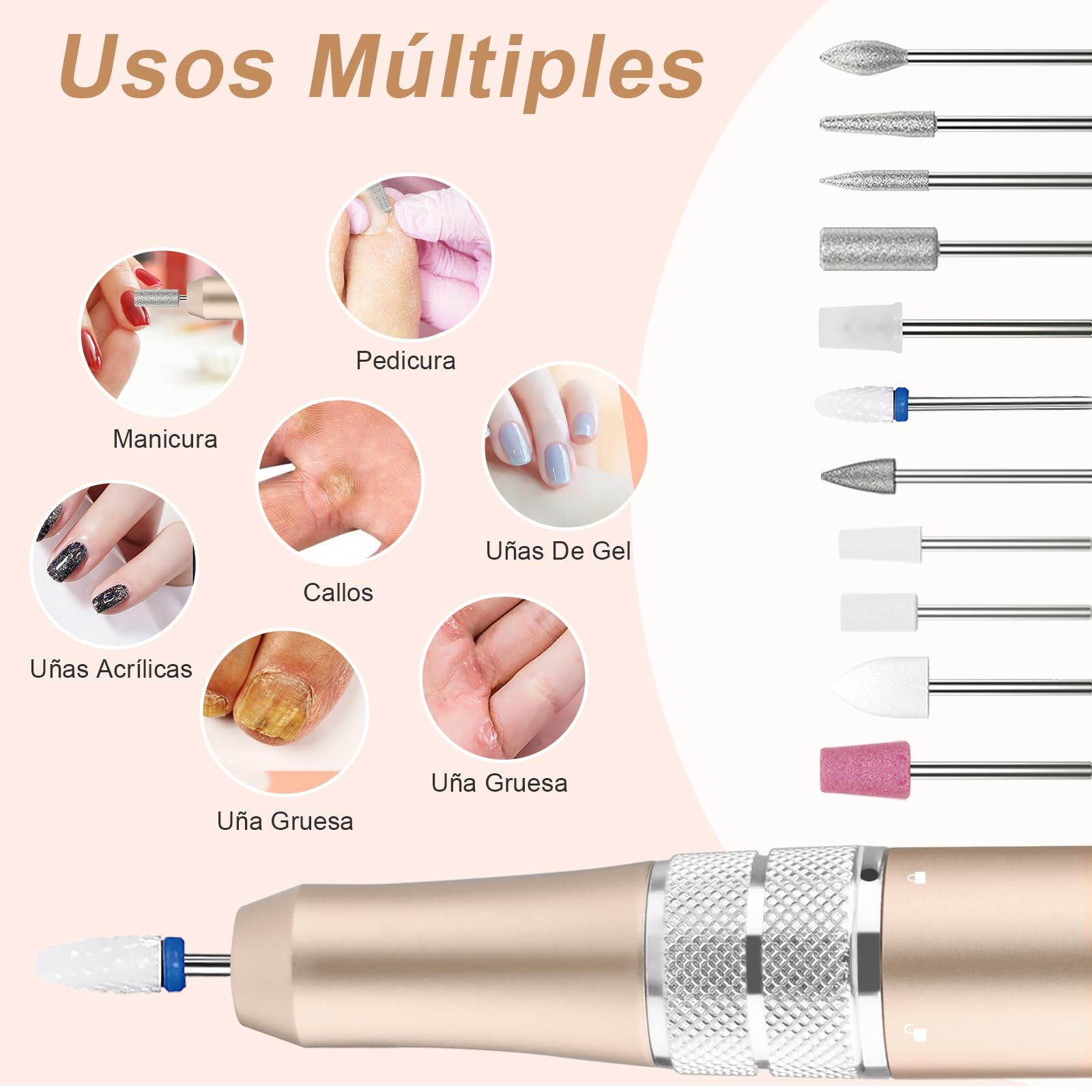 Kredioo Torno para Uñas Profesional 35000 RPM, Pulidor Uñas, Lima Electrica, Nail Drill, Set Manicura y Pedicura Electrico, Kit 11 Fresas Brocas, LED Tátil, Quitar Acrílico Gel/Esmalte/Callos, Oro
