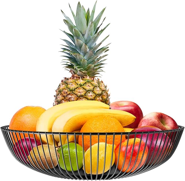 karadrova Black Fruit Bowl Metal Fruit Bowls Black Shallow Fruit Basket 28x7.5 cm Iron Fruit Baskets Modern Fruit Bowl Round Fruit Baskets for Kitchens Fruit Holder Fruit Basket for Snack
