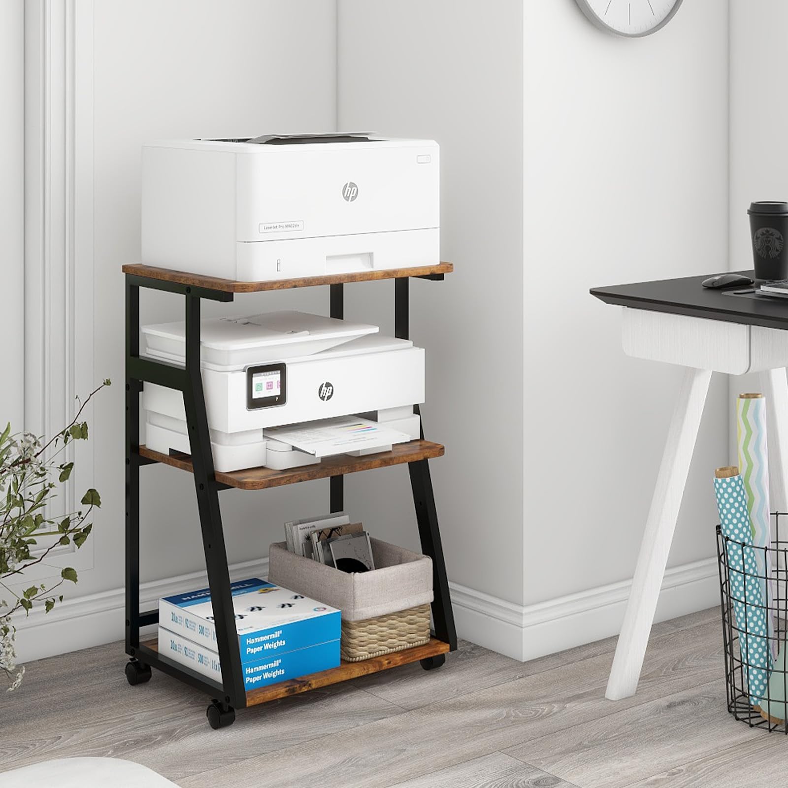 PUNCIA Meuble Imprimante à 3 Niveaux Support Imprimante 3D Caisson Bureau | en Bois Banette de Rangement avec Étagère Réglable Meuble de Rangement avec Roulette pour Bureau à Domicile (Marron)