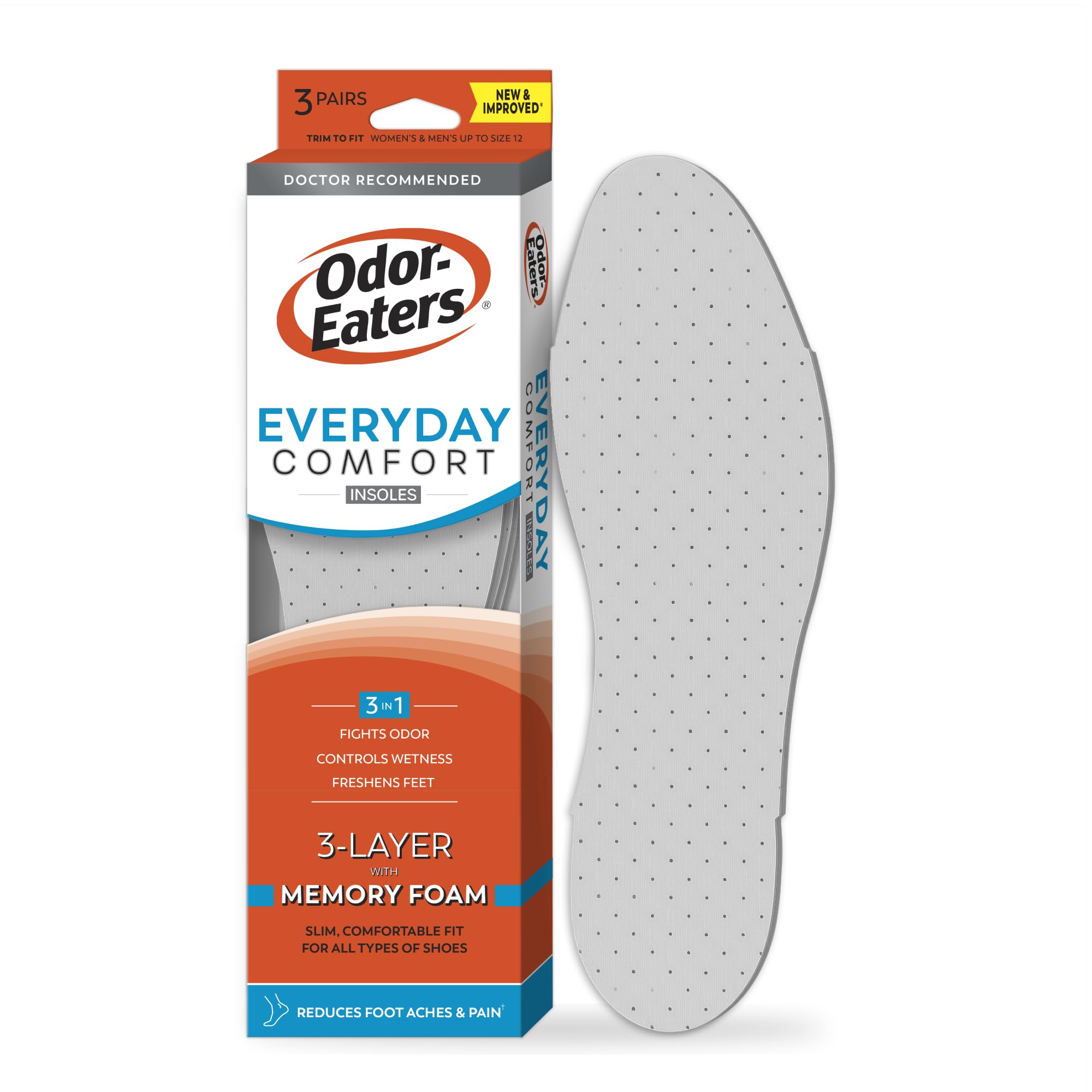 Odor-Eaters Everyday Comfort Insoles, Foot Odor Eliminating Insert, 3 Count