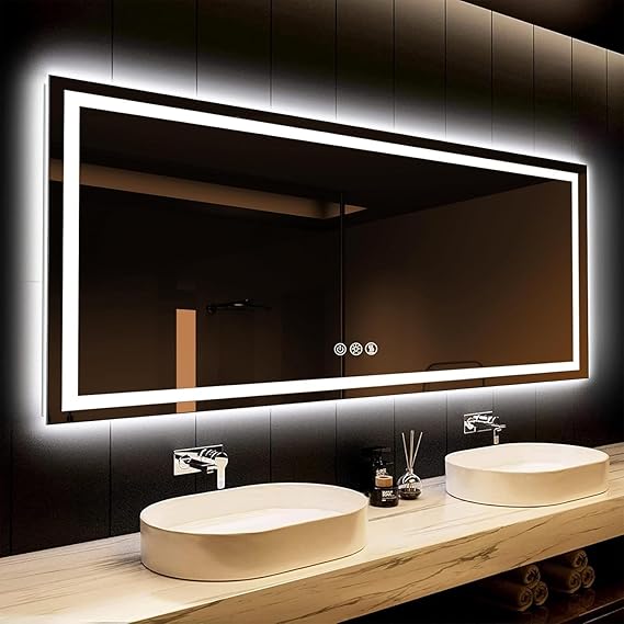 ROOMTEC 88 x 38 Inches LED Bathroom Mirror with Front and Backlit,Anti-Fog,3 Colors and Dimmable Light(Horizontal/Vertical), Silver