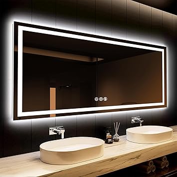 ROOMTEC 88 x 38 Inches LED Bathroom Mirror with Front and Backlit,Anti-Fog,3 Colors and Dimmable Light(Horizontal/Vertical), Silver