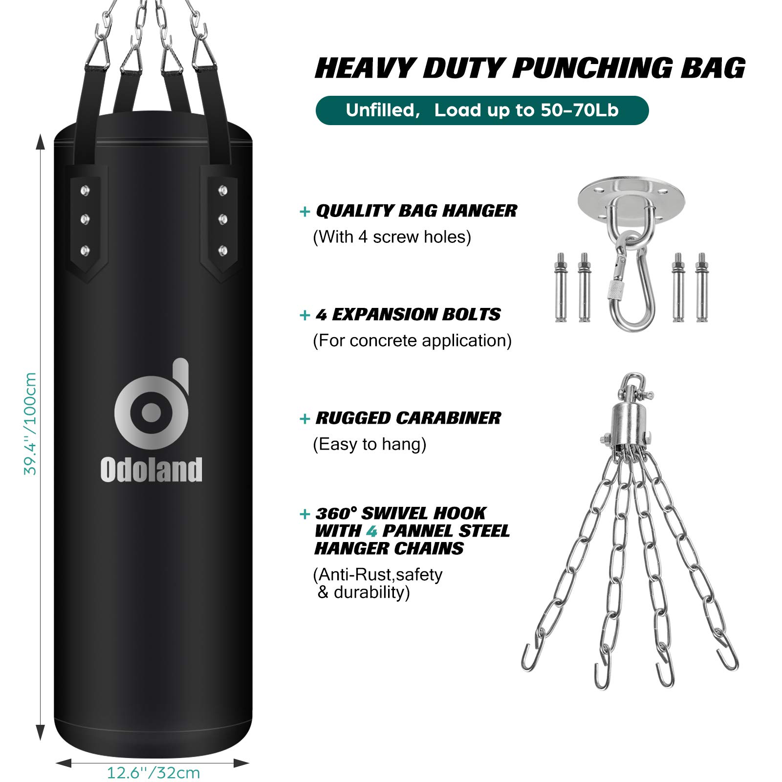 Odoland Sacco da Boxe Non Riempito con Guantoni, Reflex Ball, Fasce, Corda per Saltare, Catena Gancio Soffitto Punching Bag per Allenamento MMA Kickboxing (100CM)