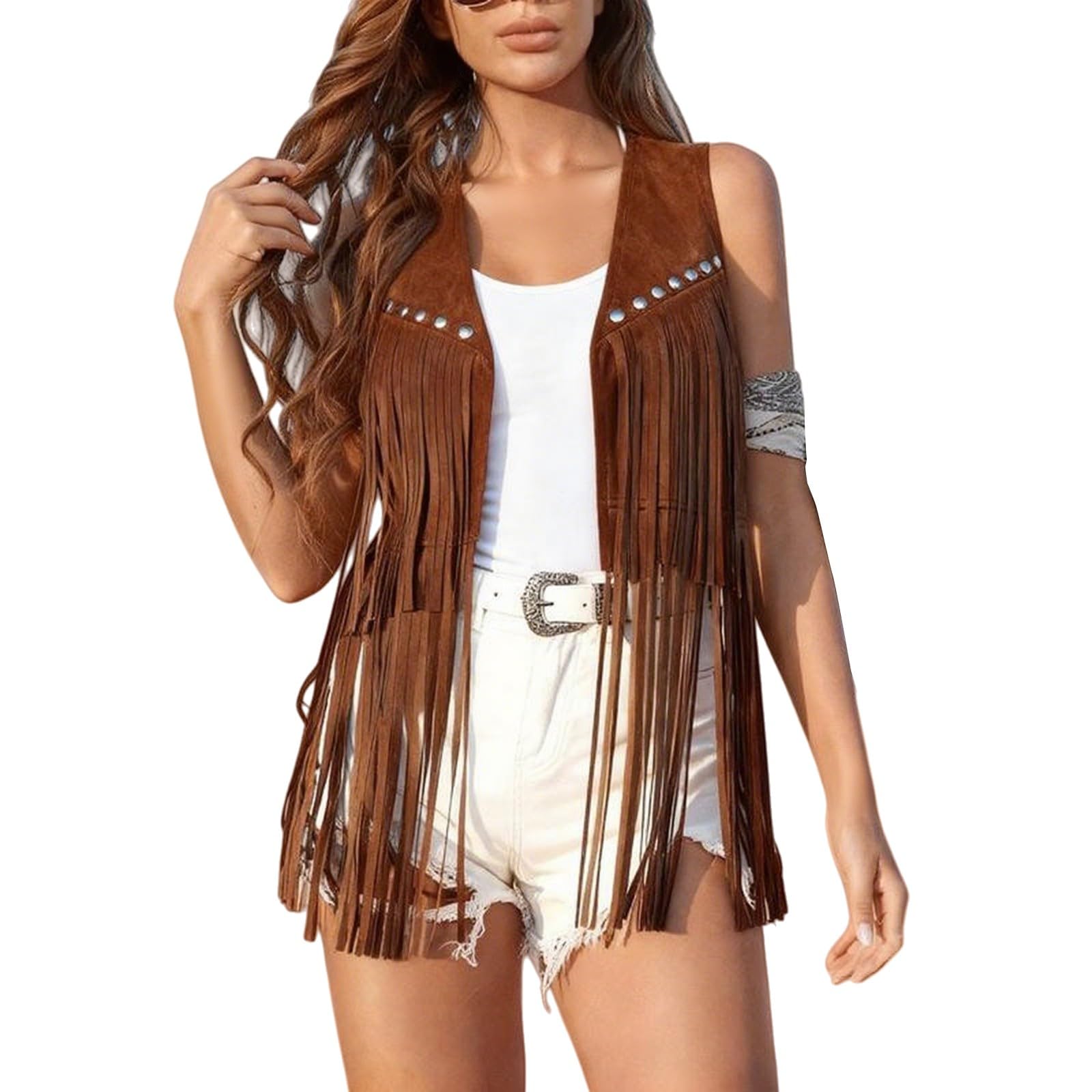 HUIFUAO Lace Western Crop Tops for Women Long Sleeve V Neck Fringe Shirts Sexy Cowgirl Outfits Tassel Blouse Fashion 70s Hippie Clothes Novelty Funny Festival Party Costumes (Z21-Coffee, M)