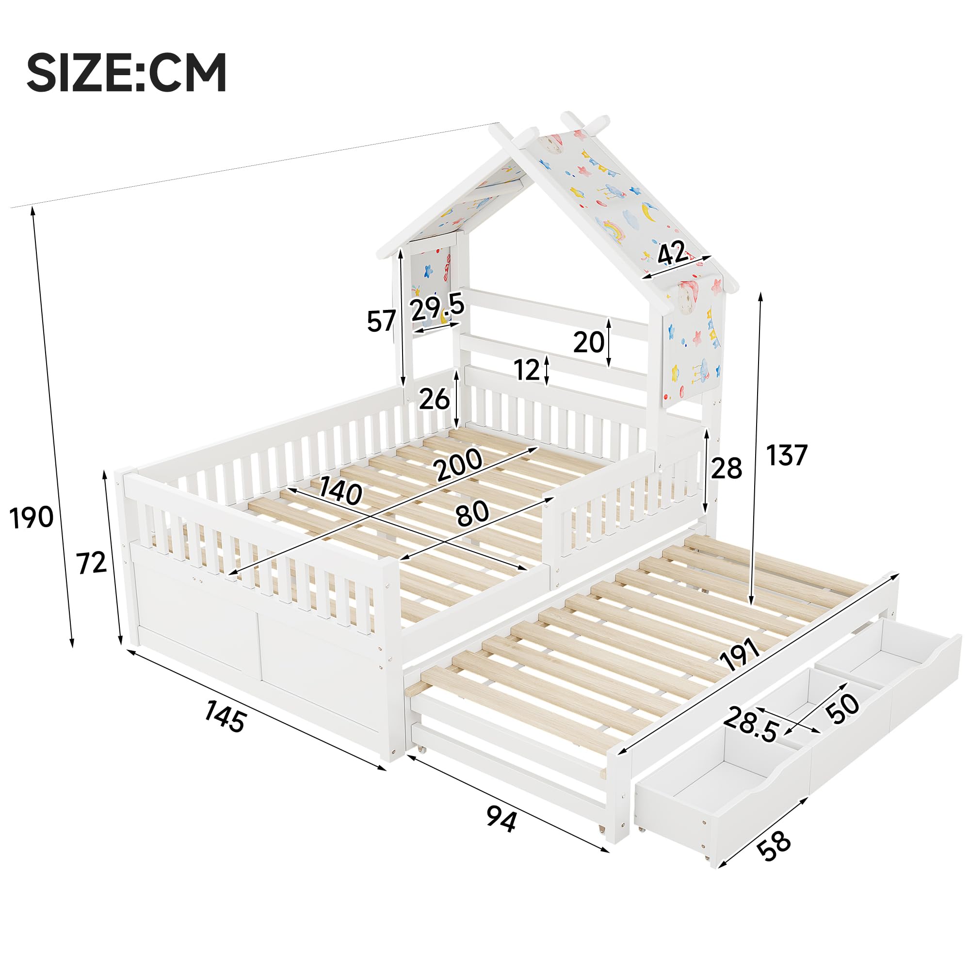 Soweiz Letto per bambini con protezione anticaduta, letto estraibile e scatole portaoggetti, in legno, 140 x 200 cm, letto per la casa dei bambini, letto stabile con design a tetto (bianco)