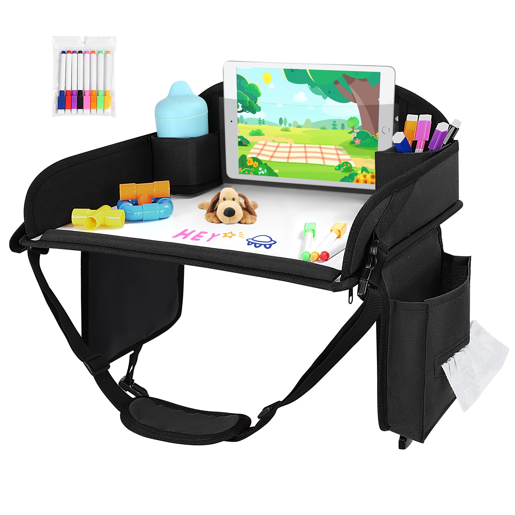 Kids Travel Tray for Car Seat, Toddler Road Trip Essentials With Drawing Kit, Travel Activities Must Haves (Black)