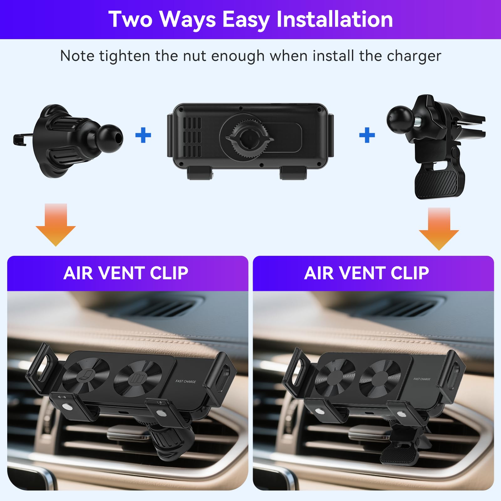 Supporto per auto con caricabatteria wireless rapido QC 3.0 a doppia bobina da 15 W Olycism con funzione di ricarica per Z Fold/Flip 7/6/5/4/3, supporto per auto rotante automatico