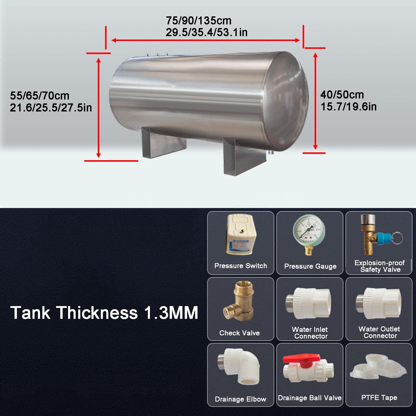 Acero Inoxidable Agua Presión Tanque, 100L-300L Agua Almacenamiento, Tipo Horizontal Viviendas Presurizado Agua Almacenamiento Contenedores(100L-40x75cm)